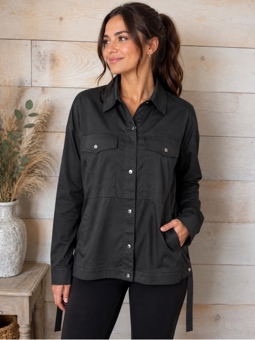 Girlfriend Collective Wendy Tie Shacket in Black Size Small
